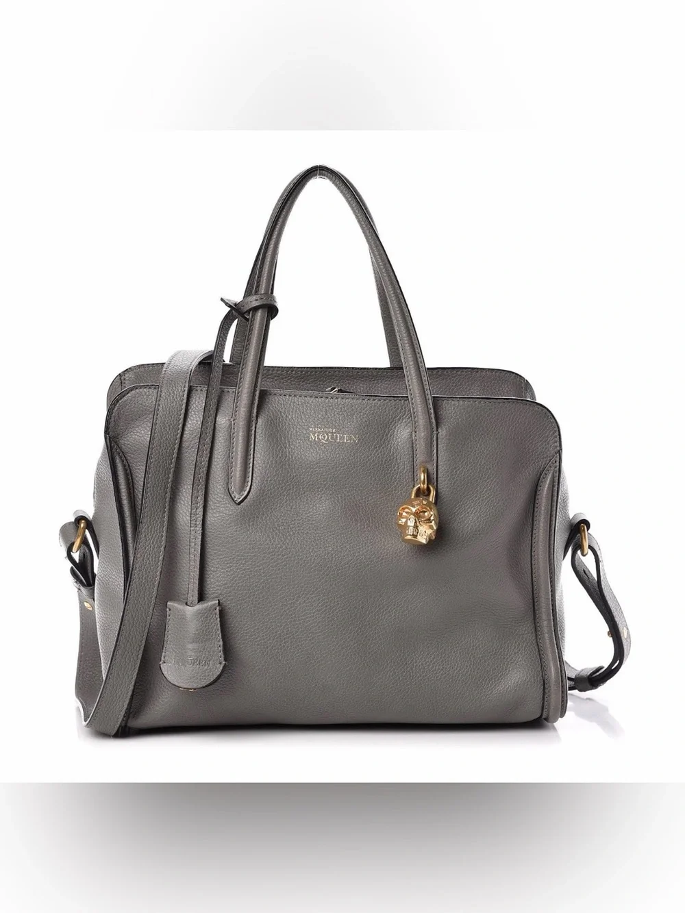 Alexander McQueen Gray Leather Satchel with Gold Skull Accent
